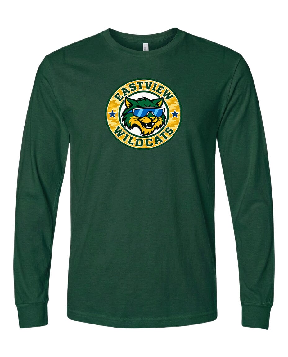 A green long-sleeved t-shirt with a graphic design featuring a cartoon-like wildcat wearing sunglasses and the text "EASTVIEW WILDCATS" printed on it.