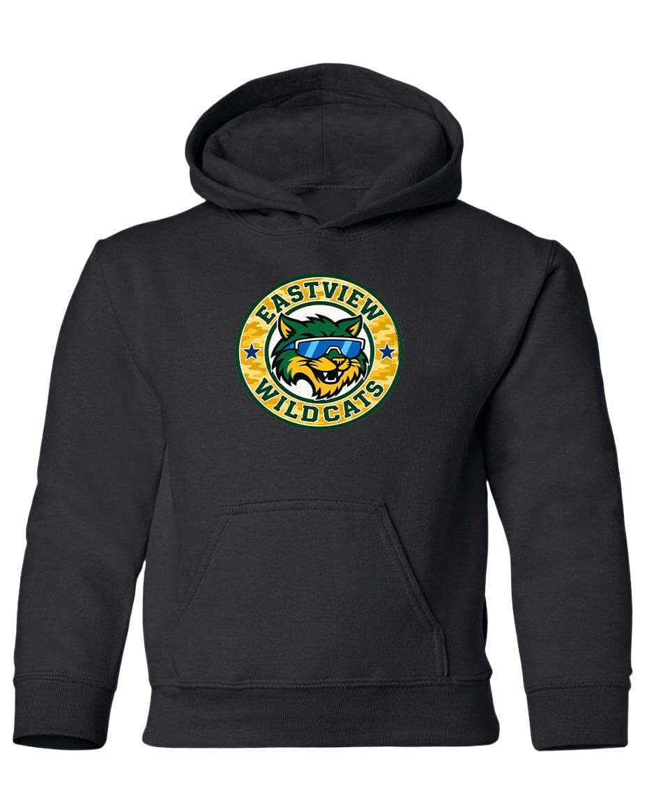A black hooded sweatshirt with a graphic design on the front.
