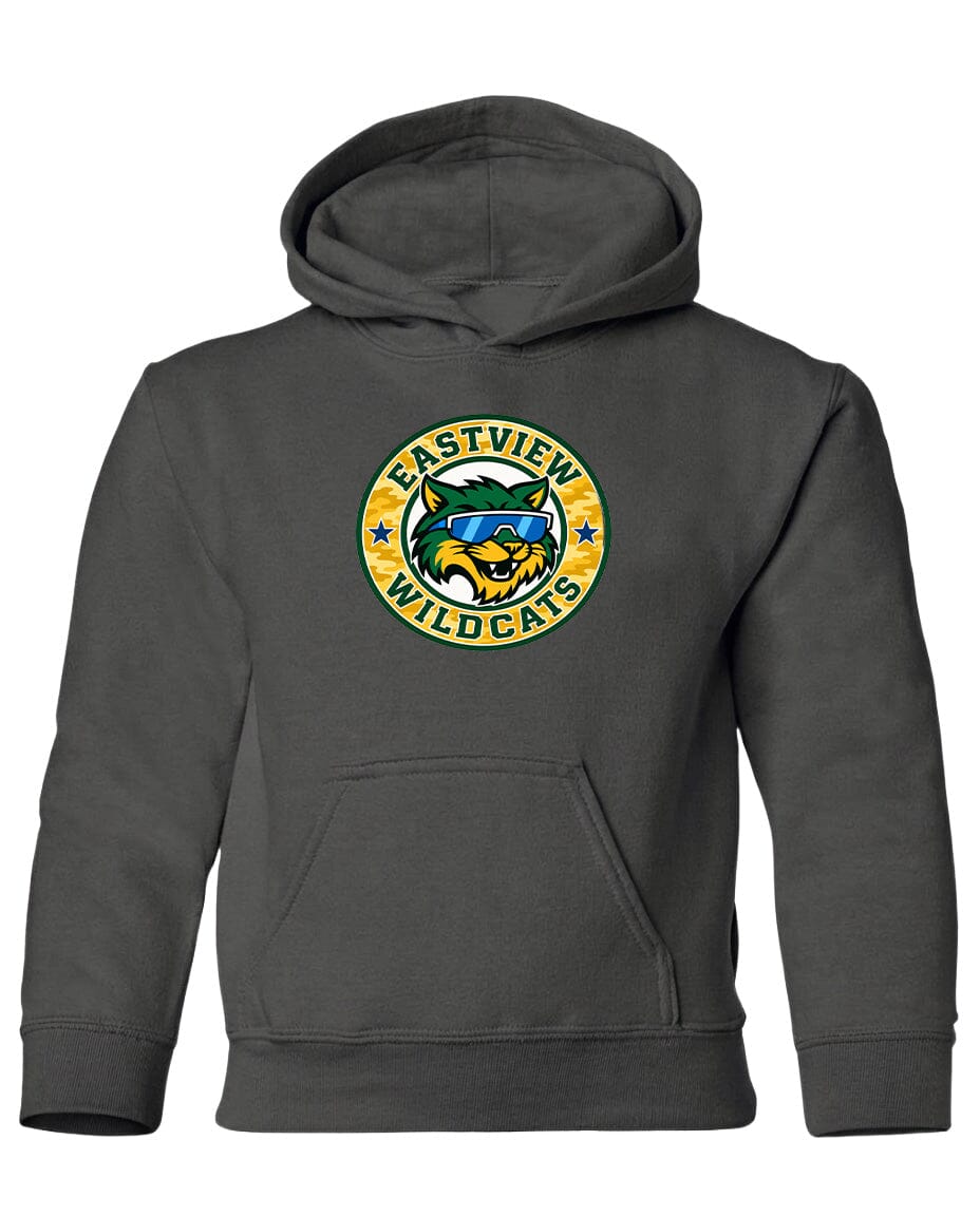 A gray hoodie with a logo on the front.