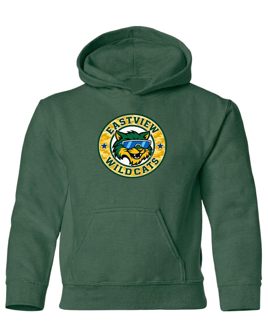 A green hoodie with a logo on the front.