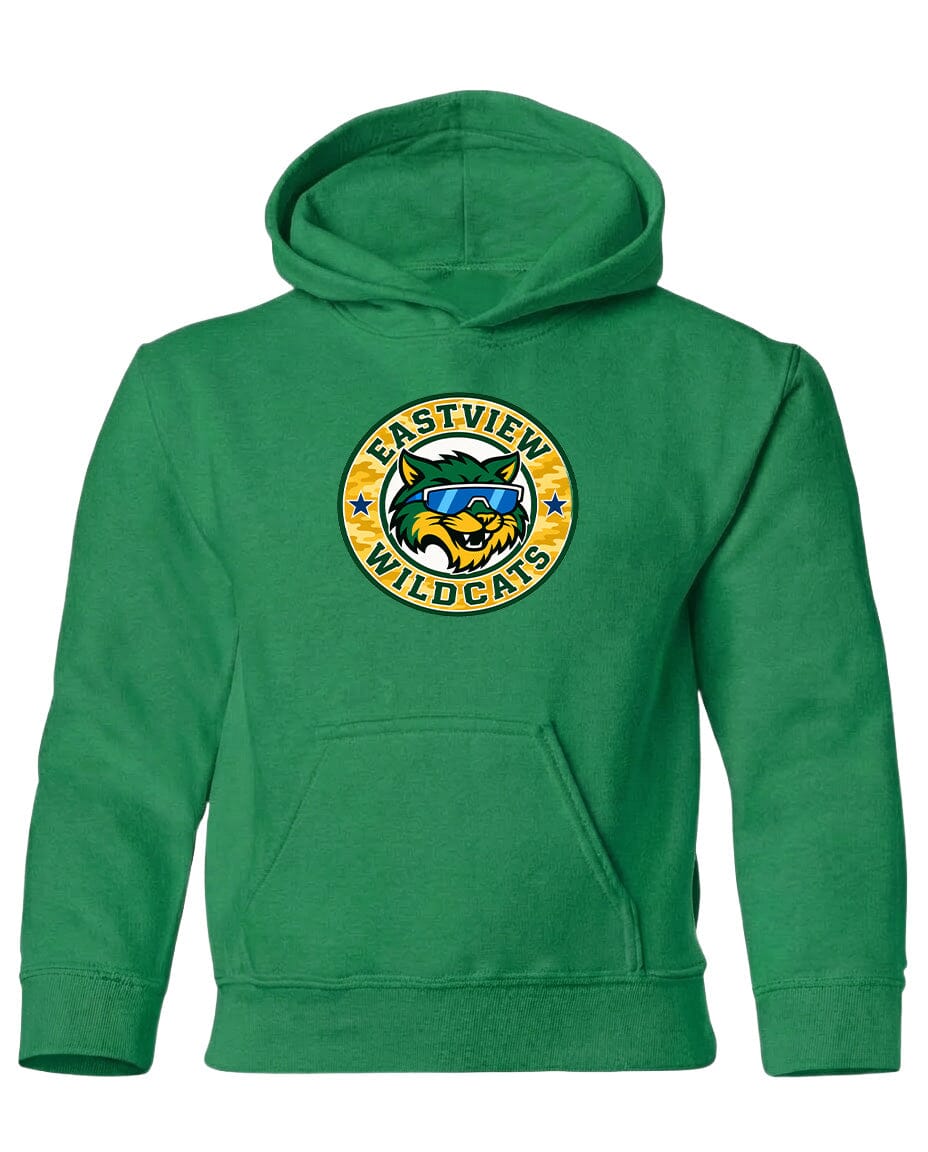 A green hoodie with a logo on the front.