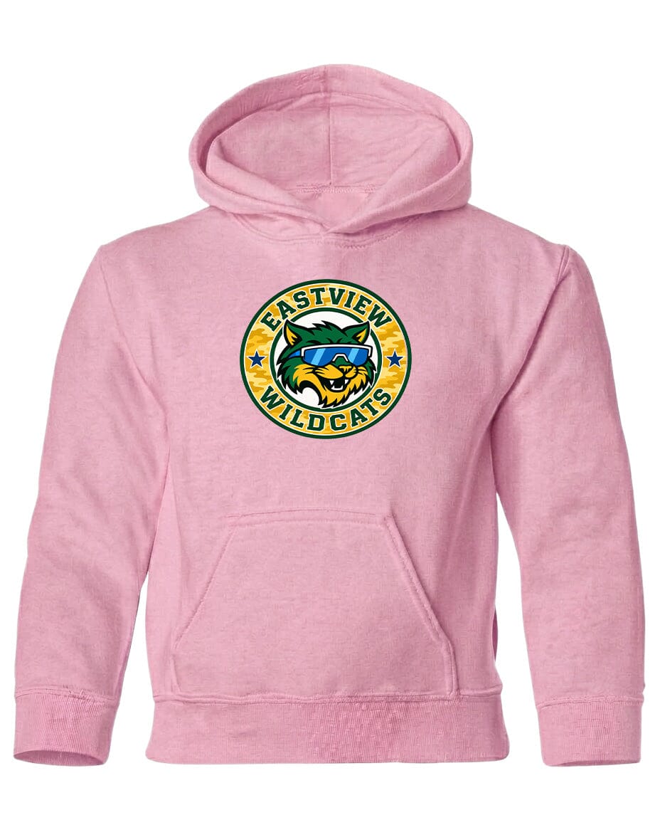 A pink hoodie with a logo on the front.