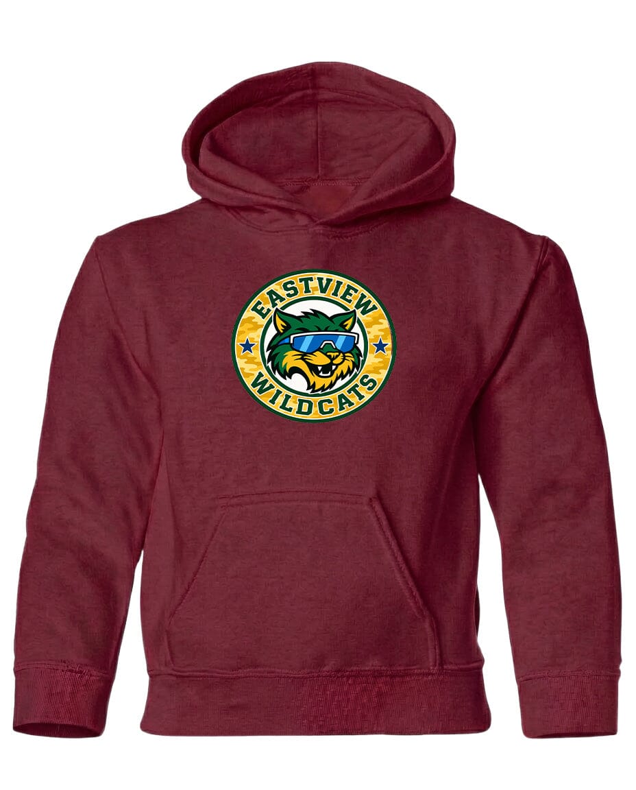 A burgundy-colored hoodie with a logo on the front, featuring a stylized image of a cat wearing sunglasses and the text "EASTVIEW WILD CATS".