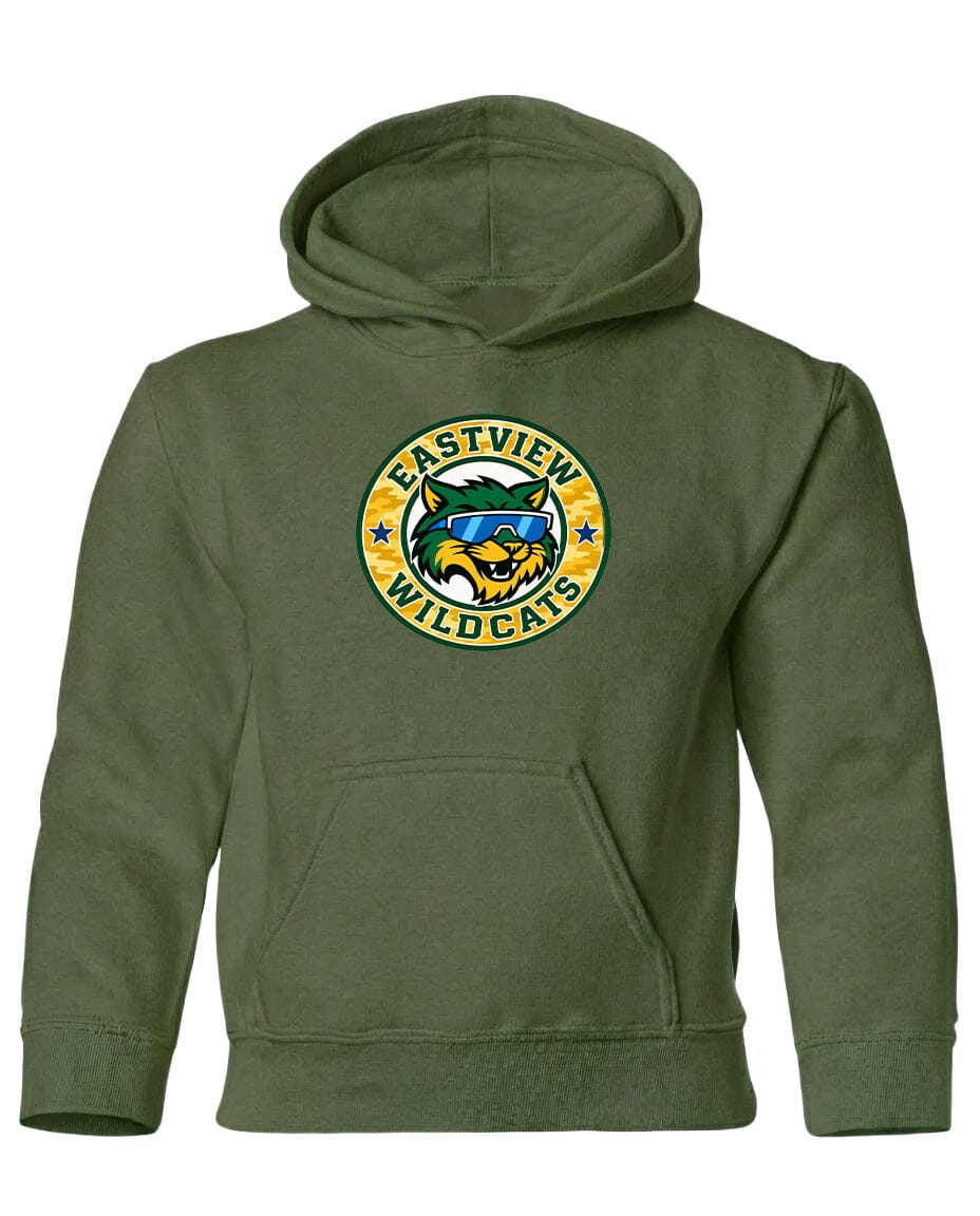 A green hoodie with a logo on the front.