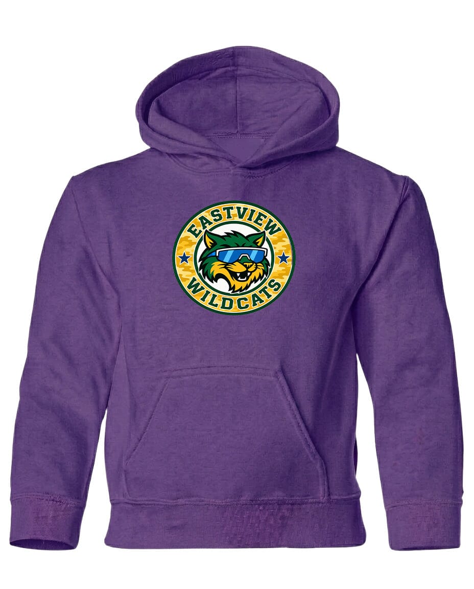 A purple hoodie with a graphic of a cat wearing sunglasses and the text "EASTVIEW WILD CATS" printed on it.