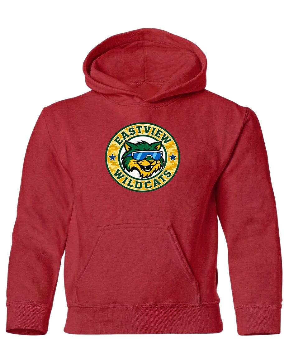 A red hoodie with a logo on the front.