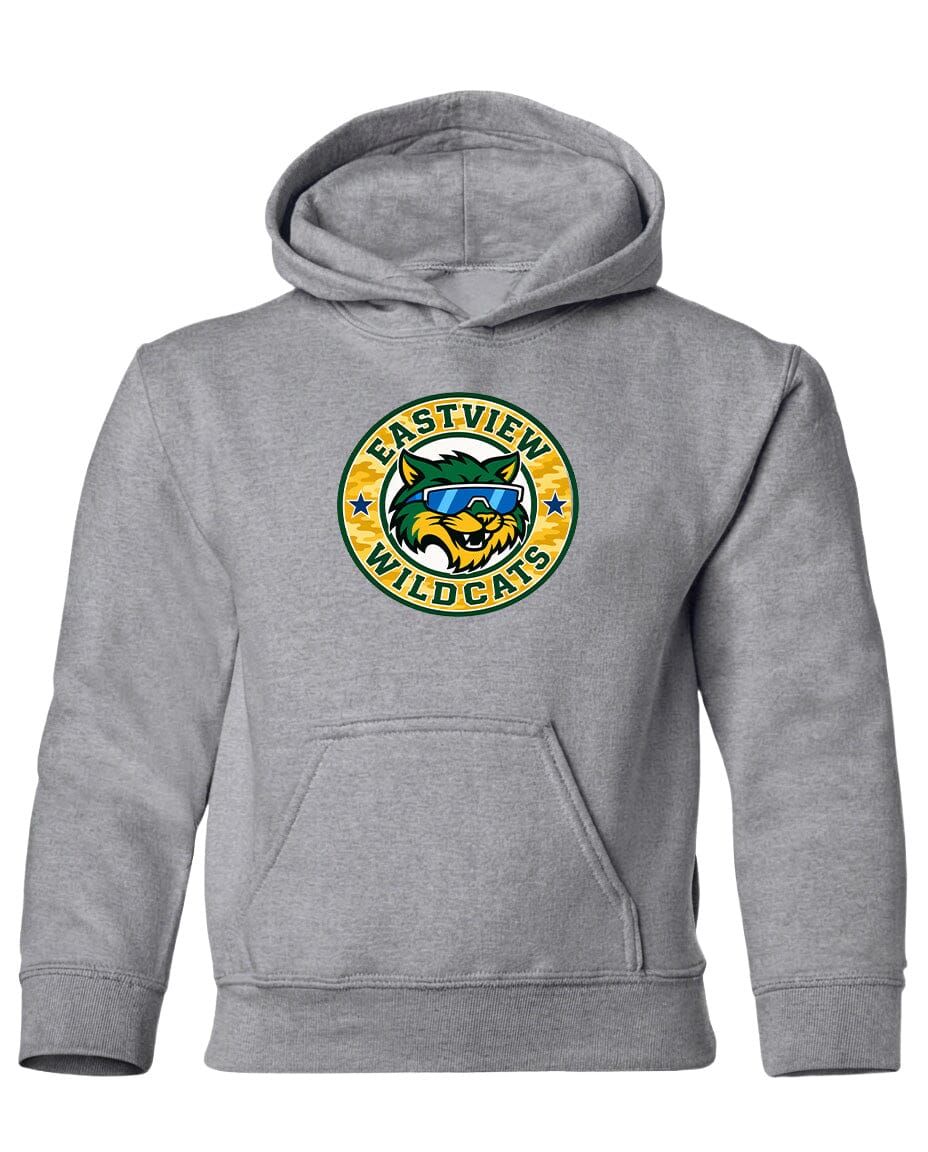 A gray hoodie with a logo on the front.