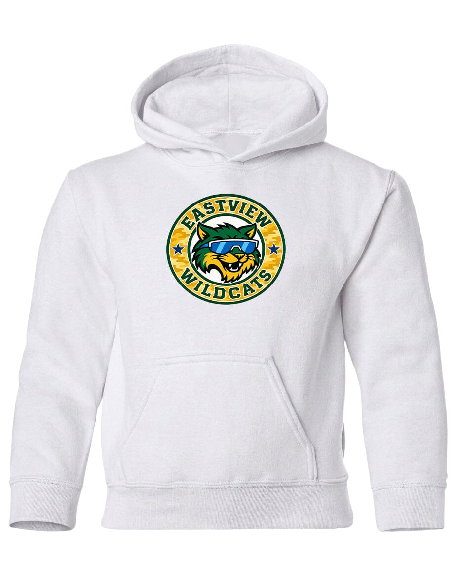 A white hoodie with a graphic design featuring a cat wearing sunglasses and the text "EASTVIEW WILD CATS" printed on it.