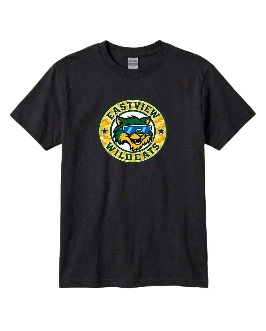 A black t-shirt with a graphic design featuring a cartoon-like wildcat wearing sunglasses and the text "EASTVIEW WILD CAT" printed on it.