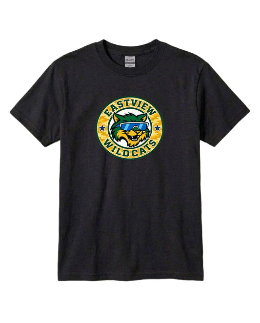 A black t-shirt with a graphic design featuring a cartoon-like wildcat wearing sunglasses and the text "EASTVIEW WILD CAT" printed on it.