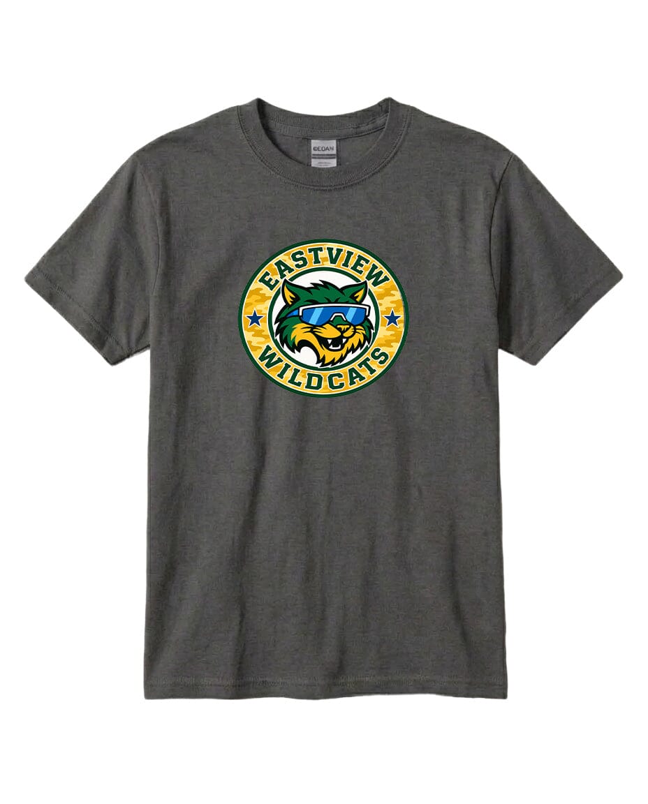 A gray t-shirt with a graphic design featuring a cartoon-like wildcat wearing sunglasses and the text "EASTVIEW WILD CAT" printed on it.