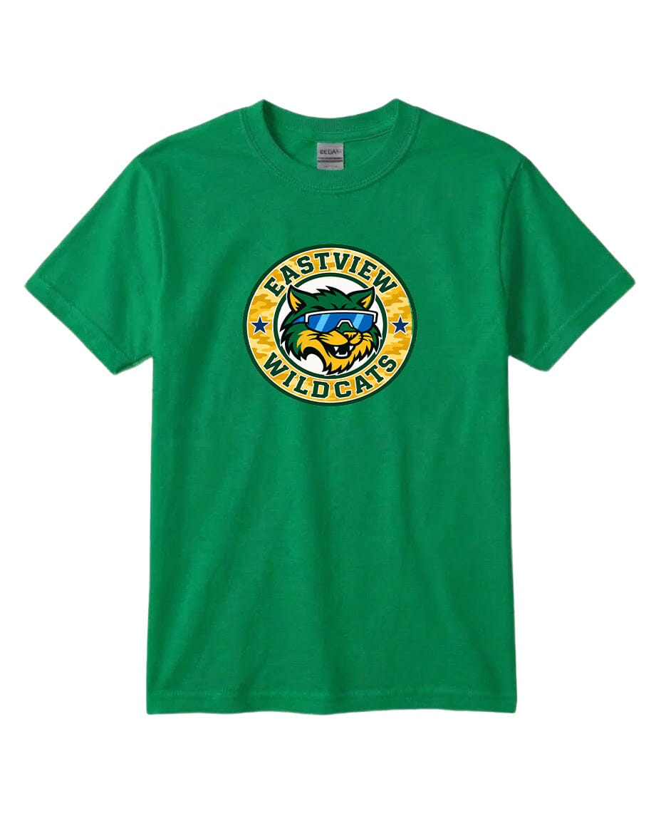 A green t-shirt with a graphic design featuring a cartoon-like wildcat wearing sunglasses and the text "EASTVIEW WILDCATS".