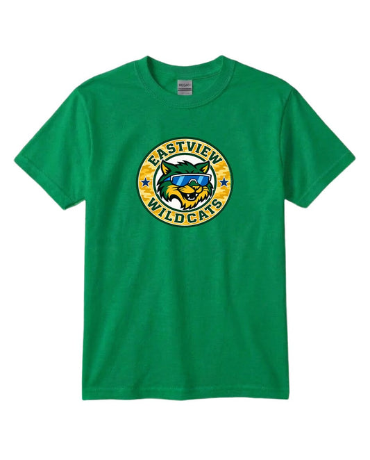 A green t-shirt with a graphic design featuring a cartoon-like wildcat wearing sunglasses and the text "EASTVIEW WILDCATS".