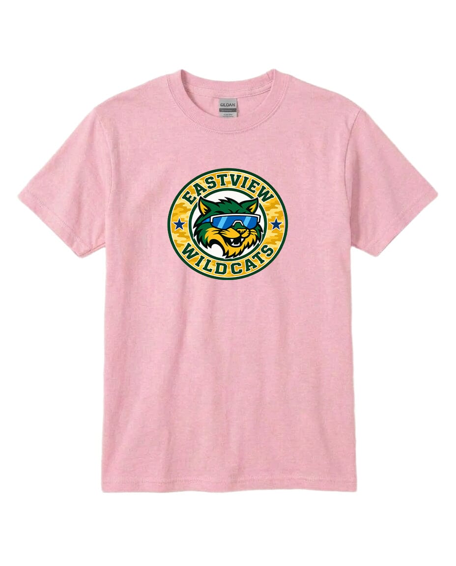 A pink t-shirt with a graphic design featuring a cartoon-like wildcat wearing sunglasses and the text "EASTVIEW WILD CAT" printed on it.