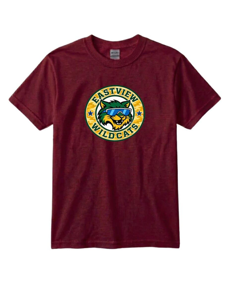 A burgundy-colored t-shirt with a graphic design featuring a cartoon-like wildcat wearing sunglasses and the text "EASTVIEW WILD CAT" printed on it.