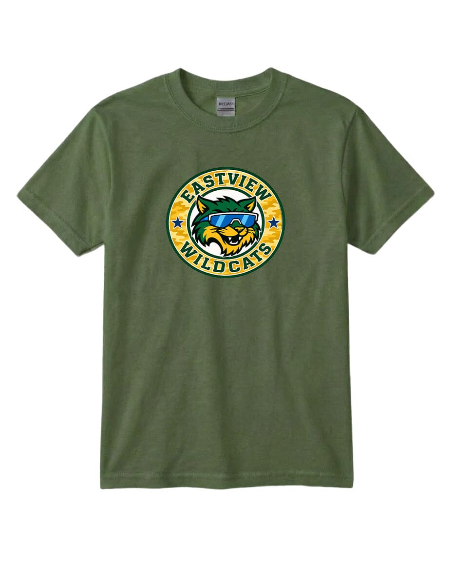 A green t-shirt with a circular logo featuring a cartoon wildcat wearing sunglasses.