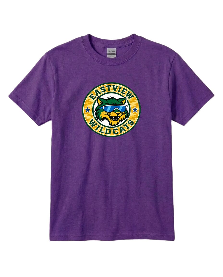 A purple t-shirt with a graphic design featuring a cartoon-like wildcat wearing sunglasses and the text "EASTVIEW WILD CAT" printed on it.