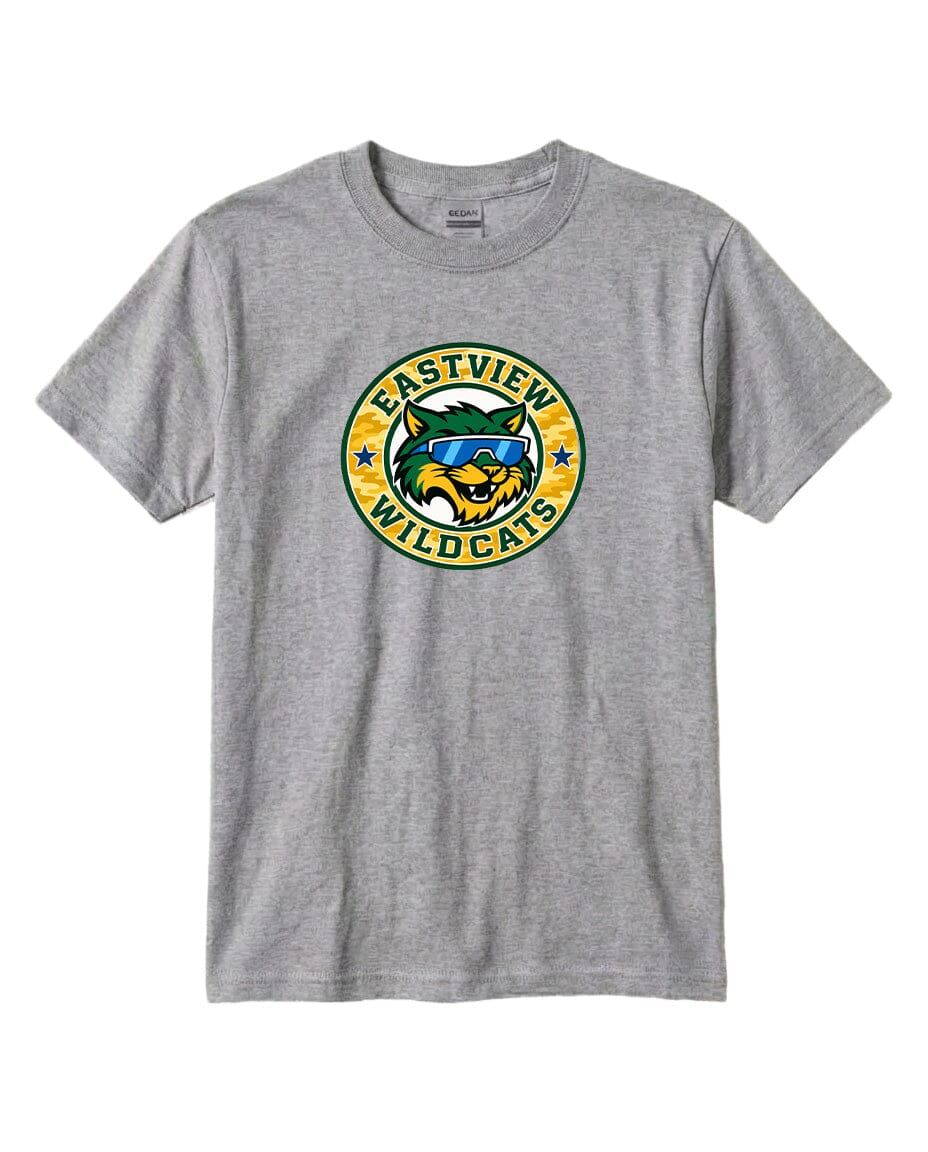 A gray t-shirt with a graphic design featuring a cartoon-like wildcat wearing sunglasses and the text "EASTVIEW WILD CAT" printed on it.