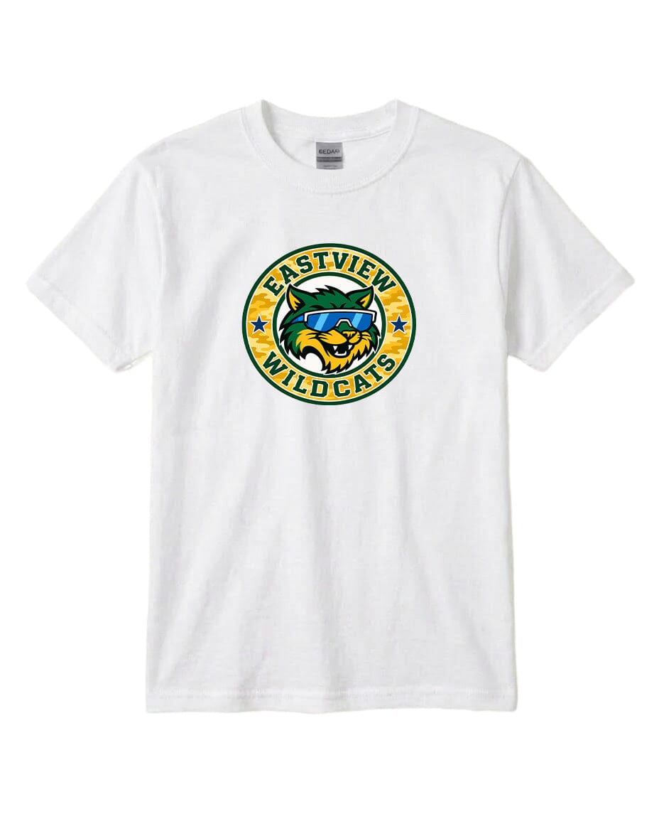 A white t-shirt with a graphic design featuring a cartoon-like wildcat wearing sunglasses and the text "EASTVIEW WILDCATS" printed on it.