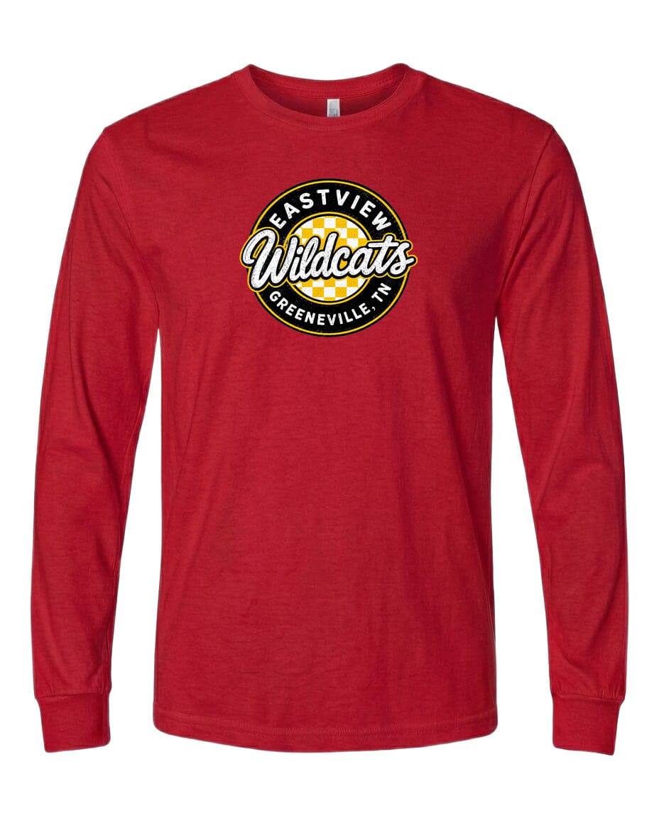 A red long-sleeved t-shirt with a logo on it.
