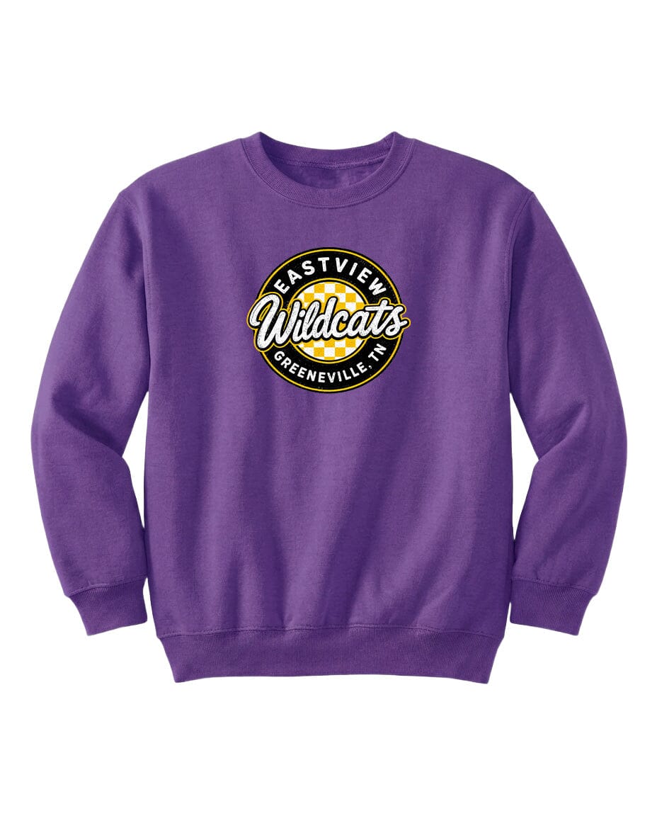 A purple sweatshirt with a circular logo on the front.