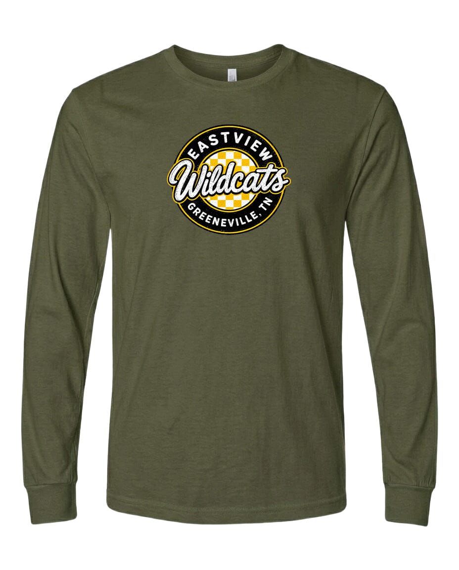 A long-sleeved olive green t-shirt with a circular logo on the front.