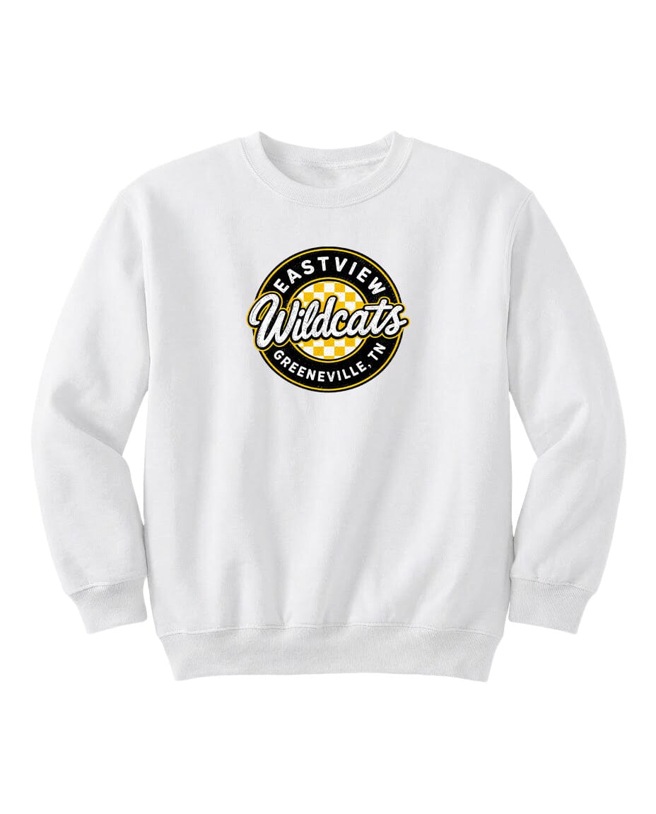 A white sweatshirt with a circular logo on the front.