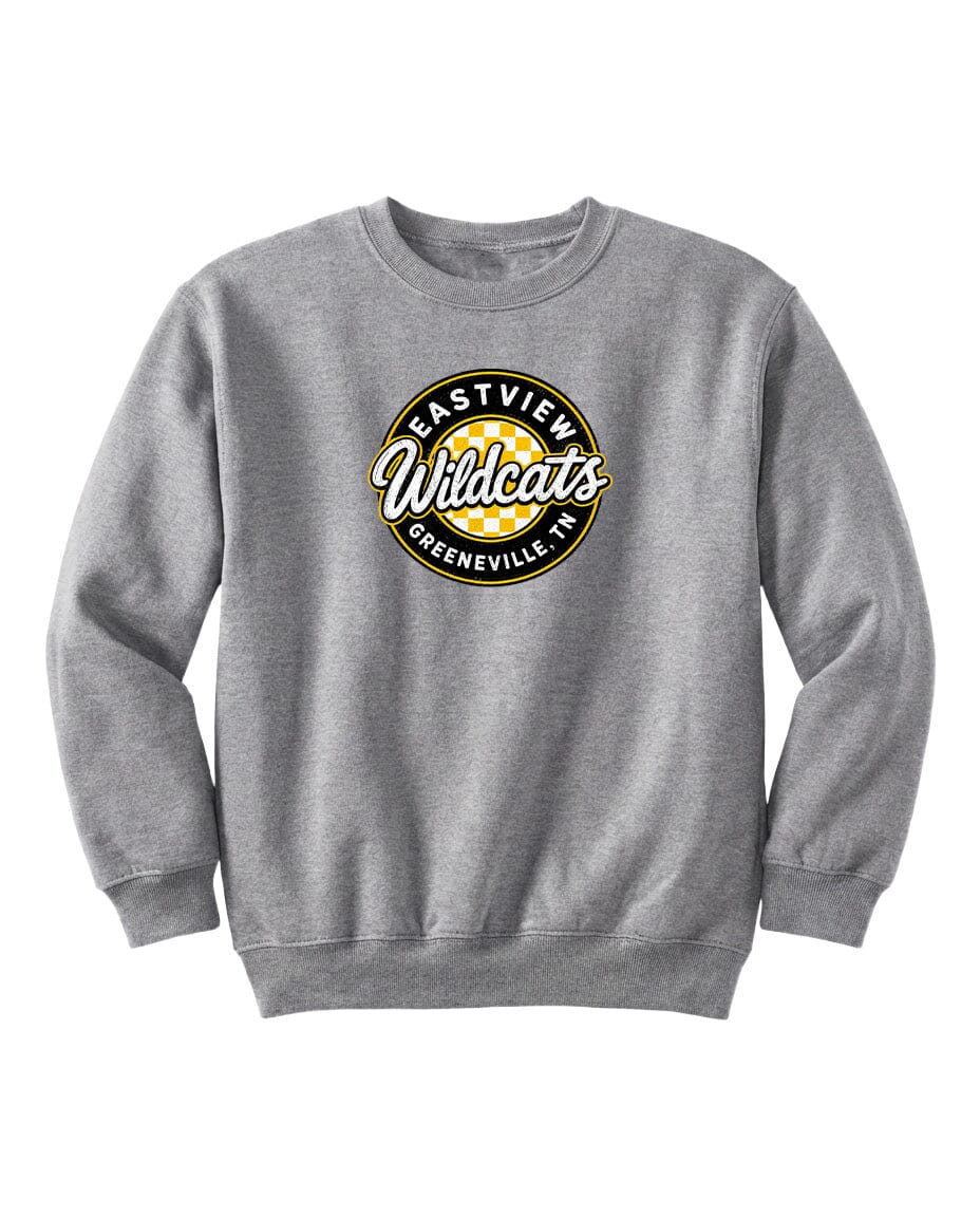 A gray sweatshirt with a circular logo on the front.