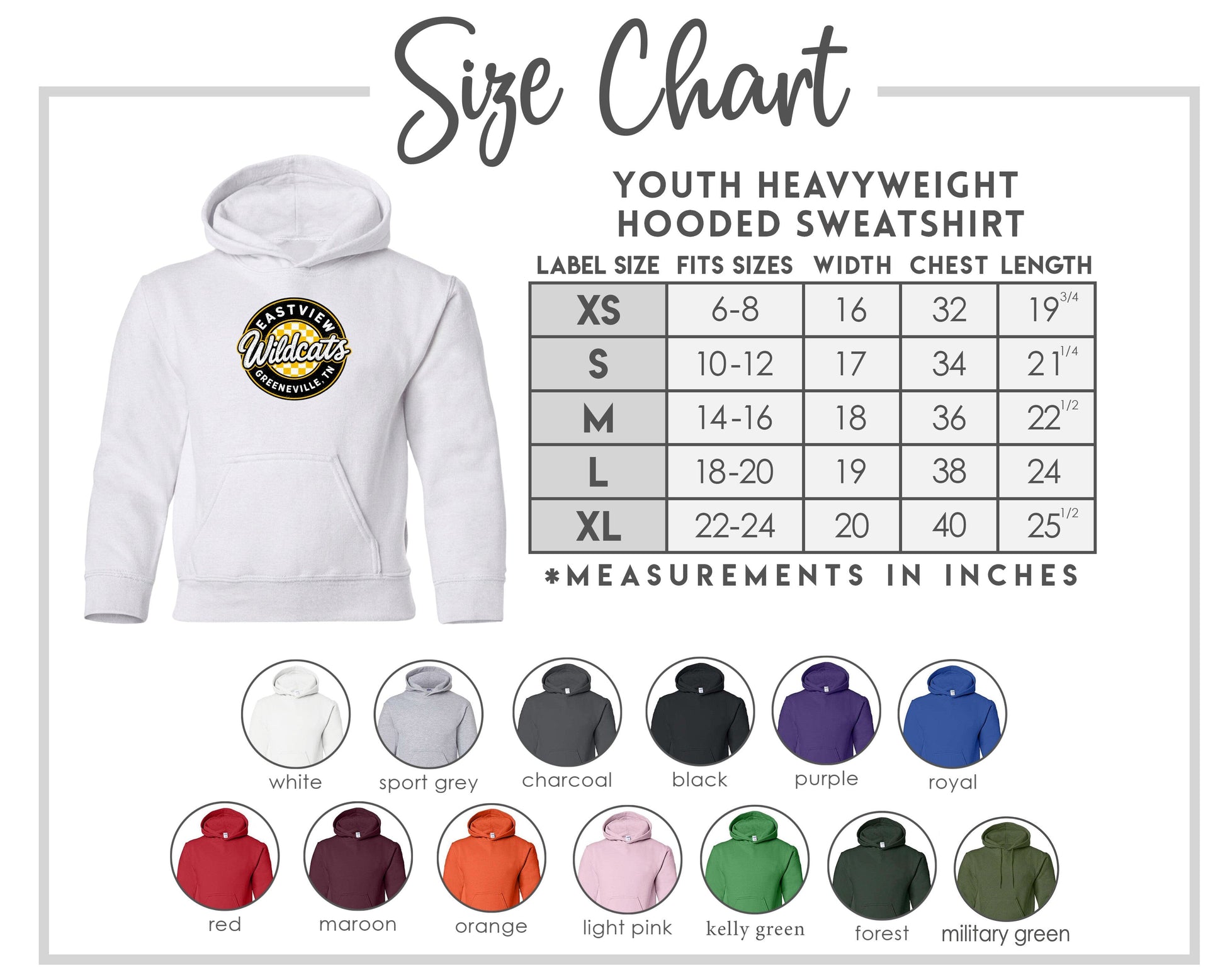 The image is a size chart for a youth heavyweight hooded sweatshirt, providing measurements for different age groups and sizes.