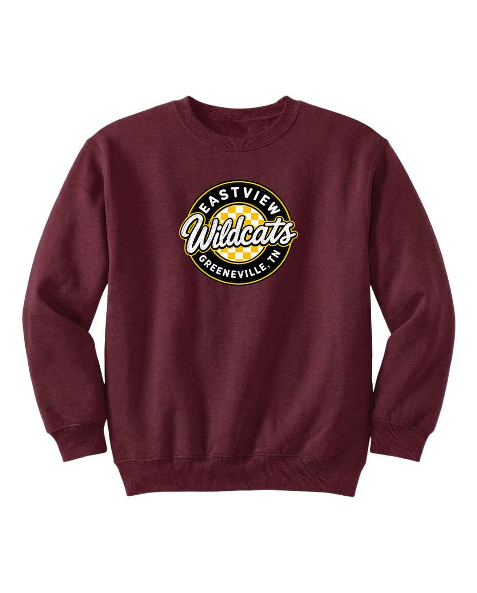 A burgundy sweatshirt with a circular logo on the front.