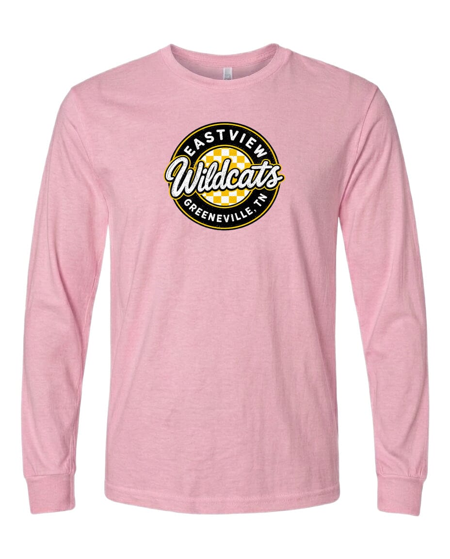 A pink long-sleeved t-shirt with a logo on the front.