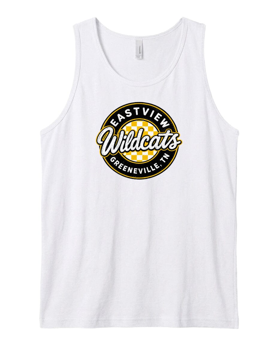 A white tank top with a circular logo on it.