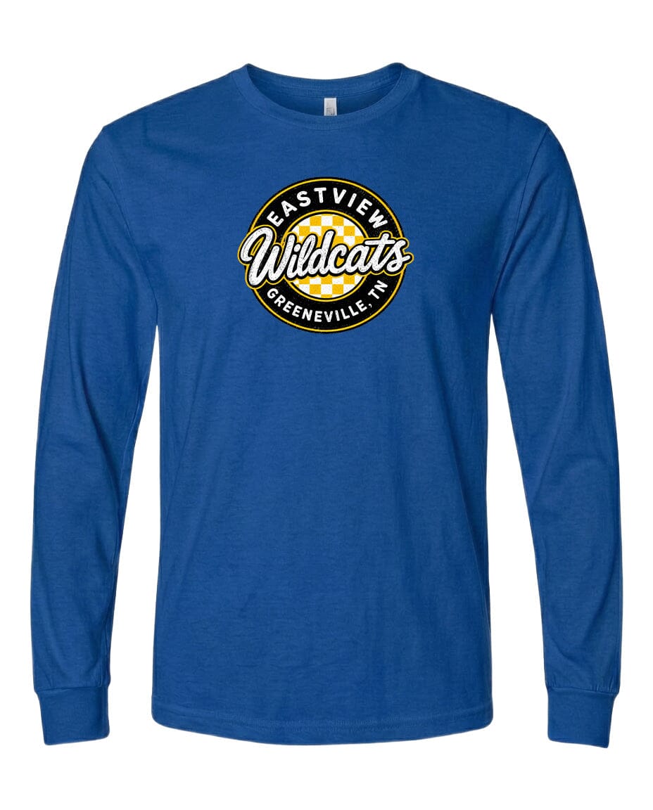 A blue long-sleeved t-shirt with a logo on the front.