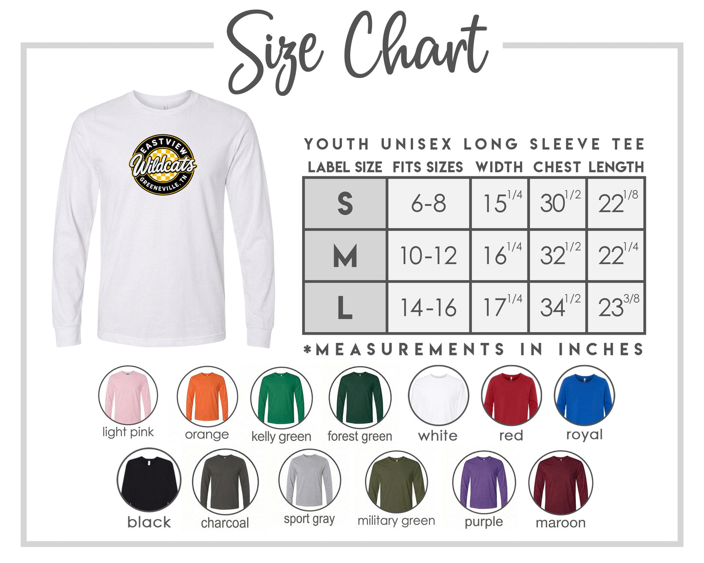 The image is a size chart for a youth unisex long sleeve tee, including various color options and corresponding measurements.