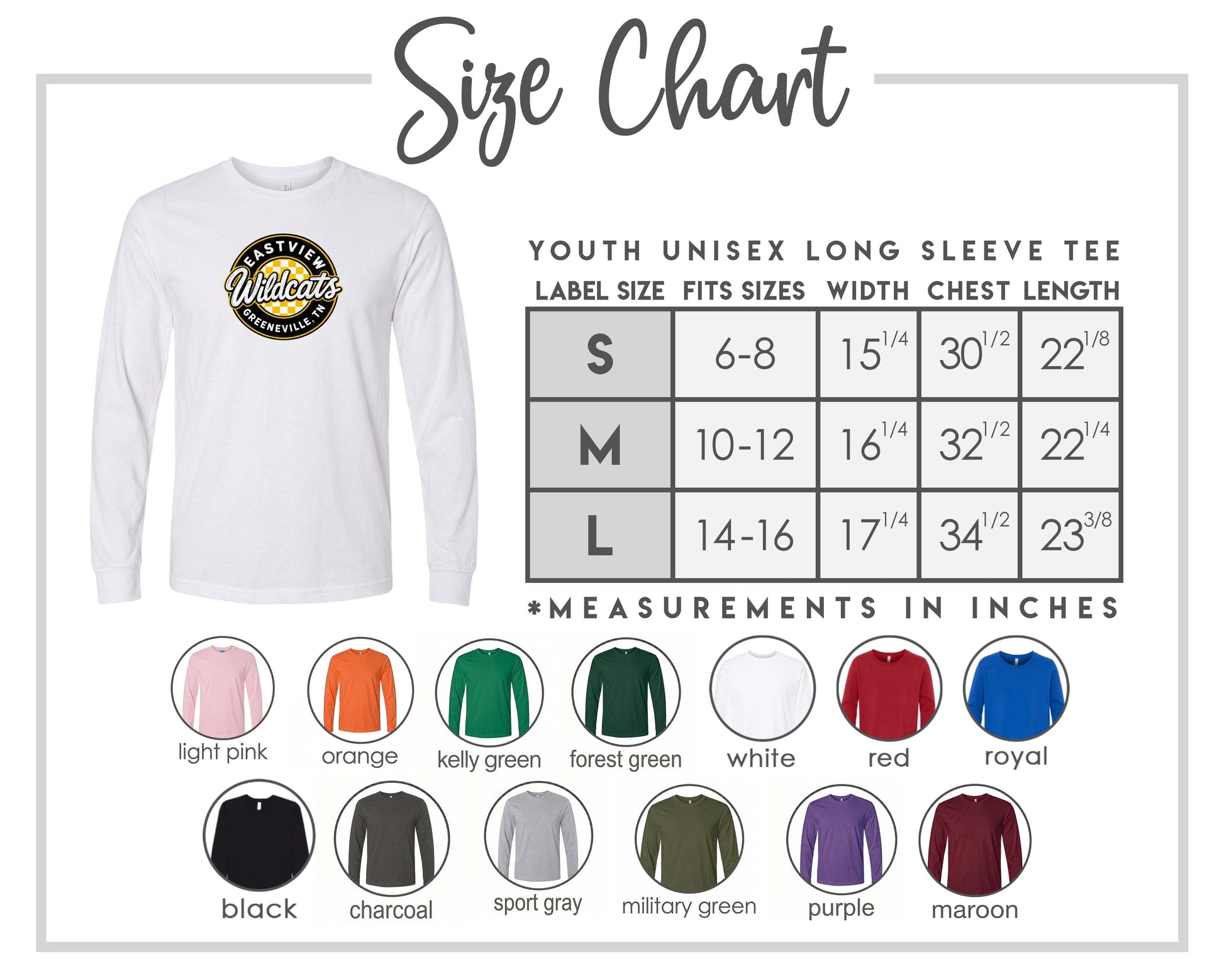The image is a size chart for a youth unisex long sleeve tee, including various color options and corresponding measurements.