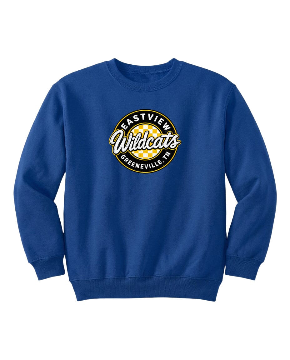A blue sweatshirt with a circular logo on the front.