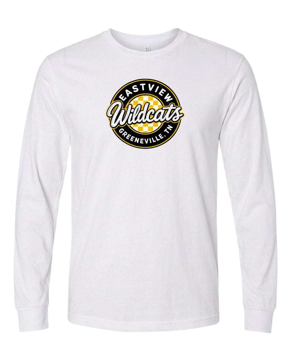 A white long-sleeved t-shirt with a black and yellow logo on the front.