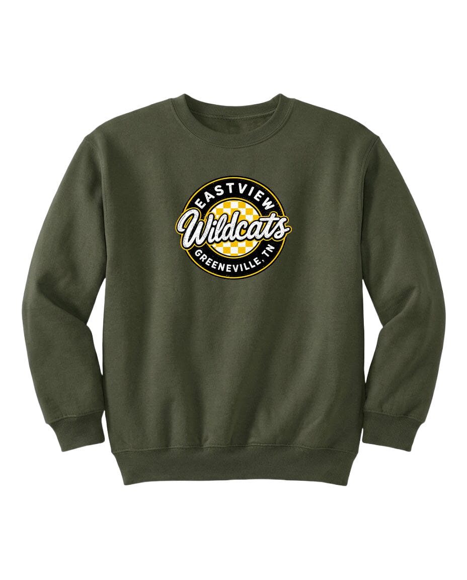 A dark green sweatshirt with a circular logo on the front.