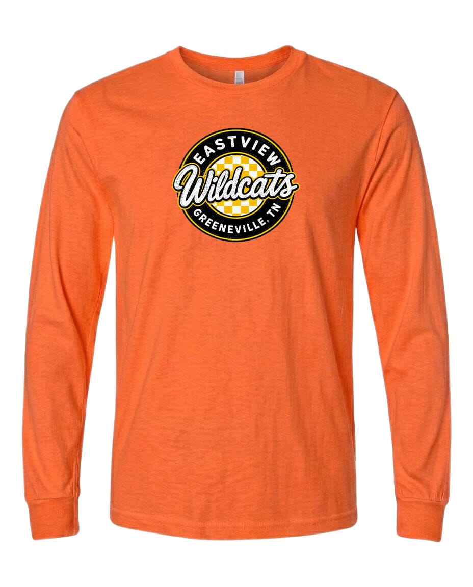 An orange long-sleeved t-shirt with a logo on the front.
