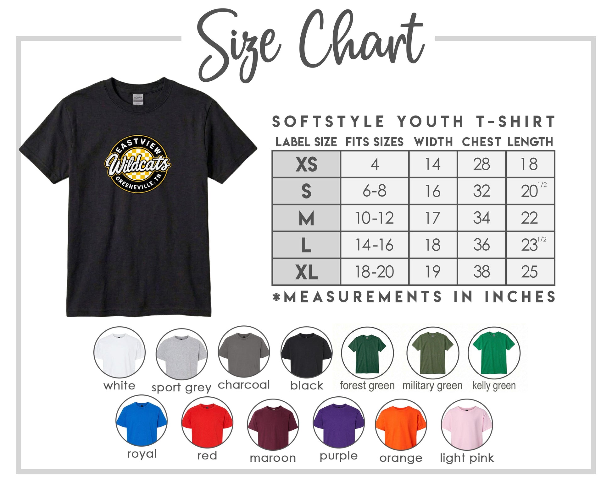 The image is a size chart for a softstyle youth t-shirt, providing measurements for different sizes and corresponding t-shirt colors.