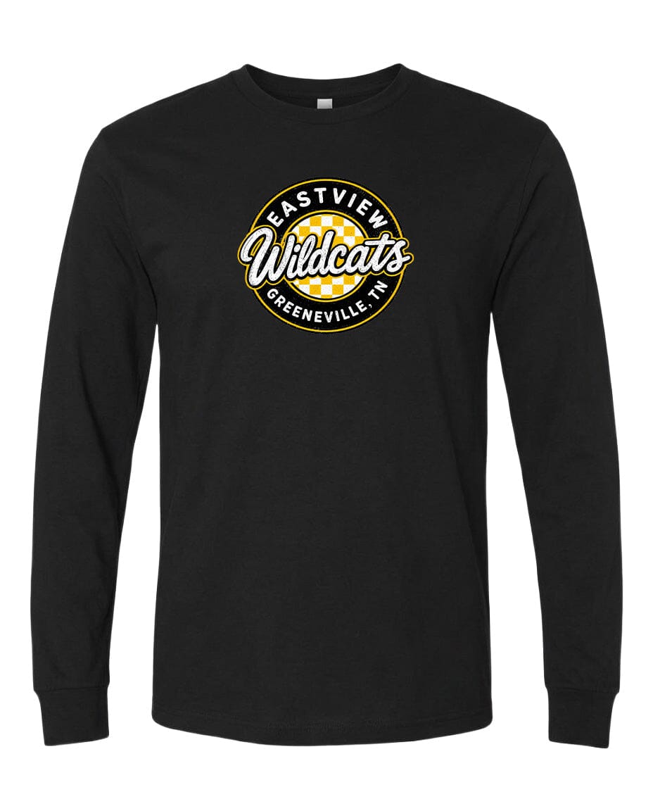 A black long-sleeved t-shirt with a graphic design on the front.