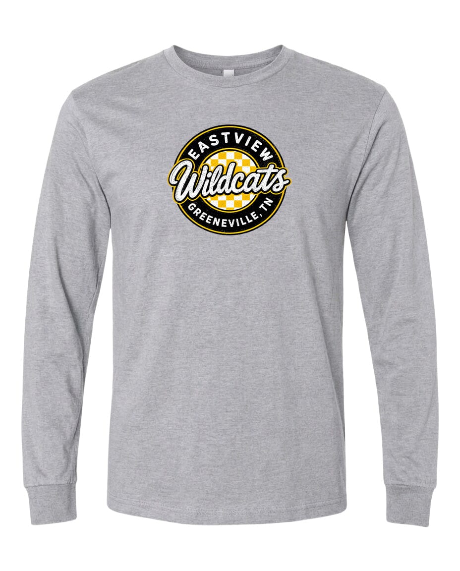 A gray long-sleeved t-shirt with a circular logo on the front.