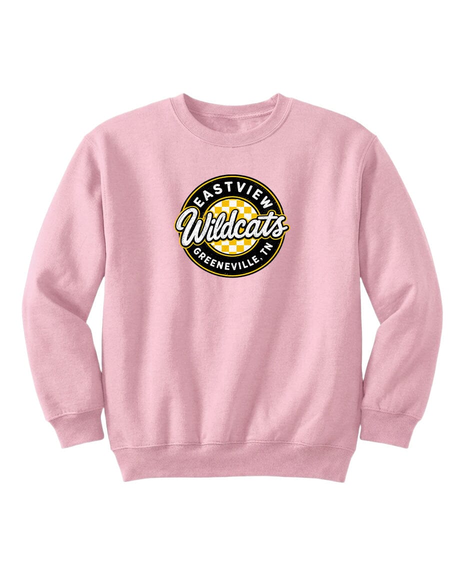 A pink sweatshirt with a logo on it.