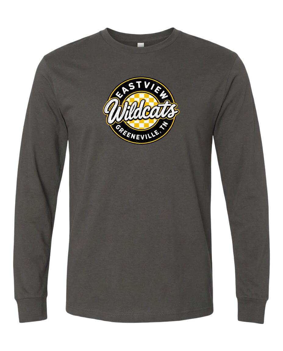 A gray long-sleeved t-shirt with a circular logo on the front.