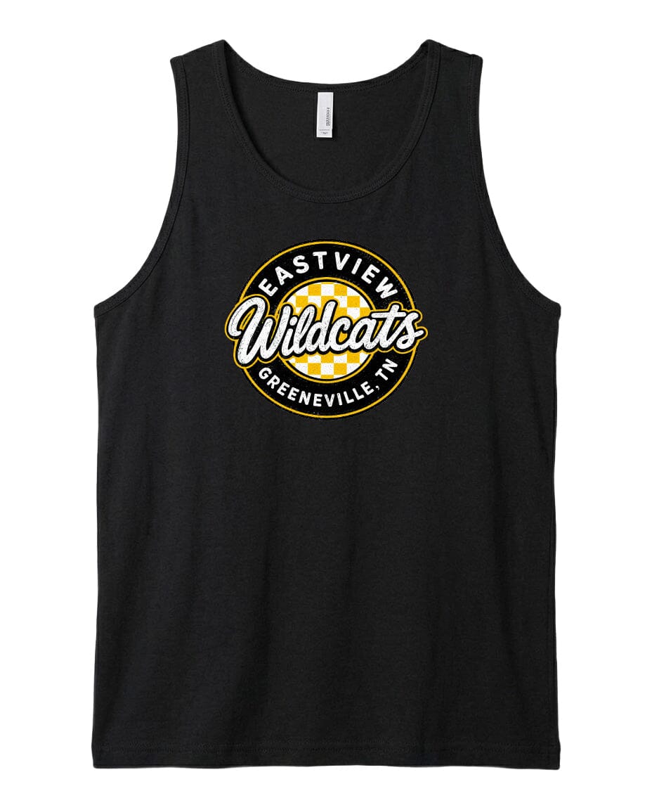 A black tank top with a white and yellow logo that says "EASTVIEW Wildcats Greeneville, TN".