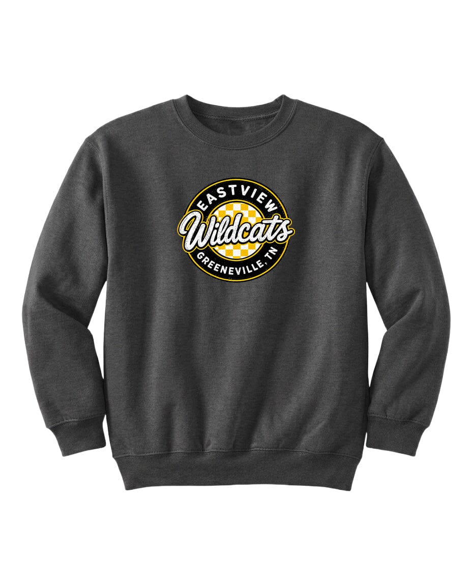 A gray sweatshirt with a circular logo on the front.