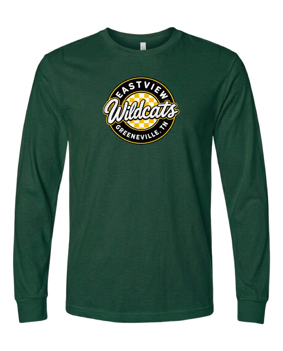 A dark green long-sleeved t-shirt with a logo on the front.