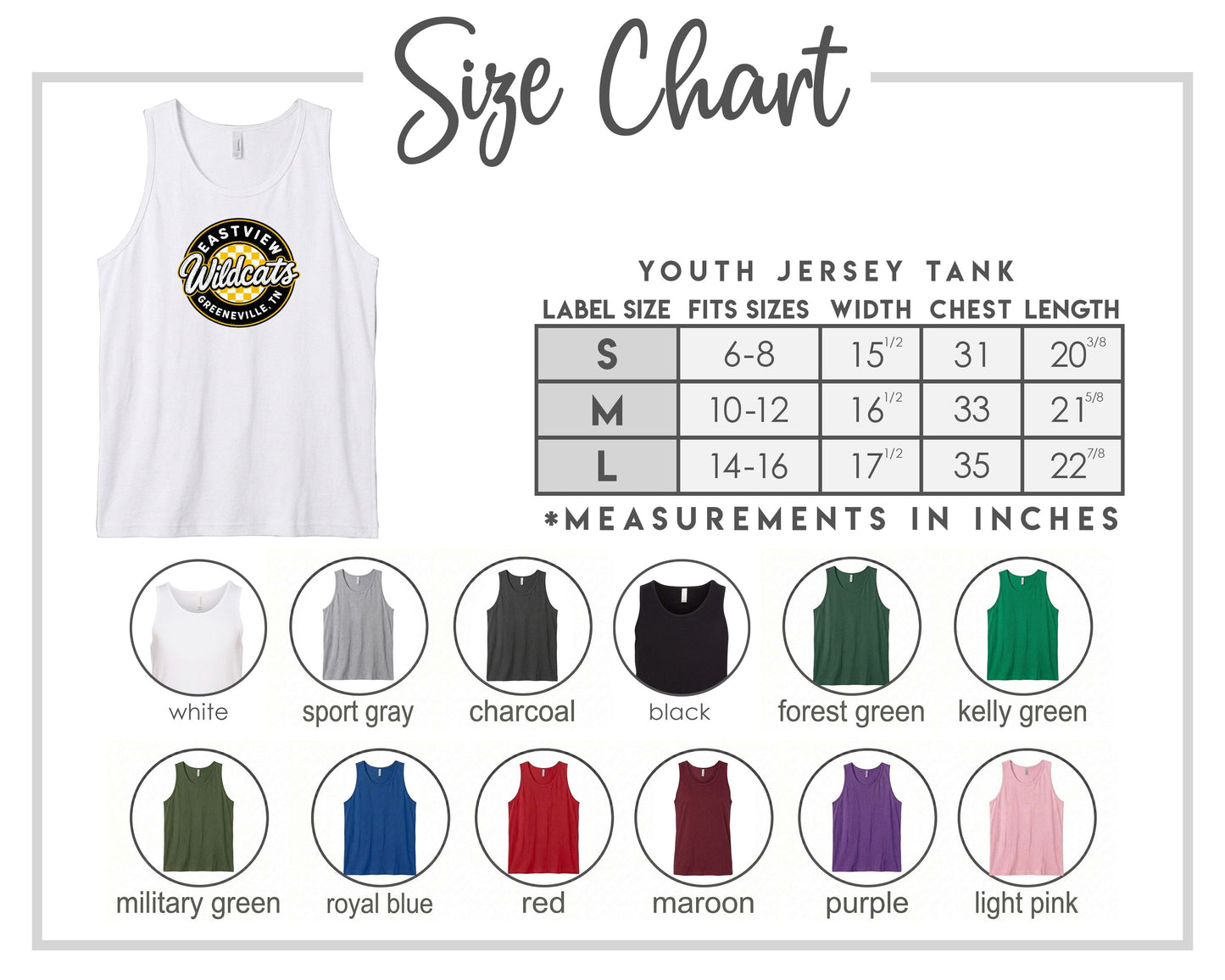 The image is a size chart for a youth jersey tank, displaying various color options and corresponding measurements in inches.