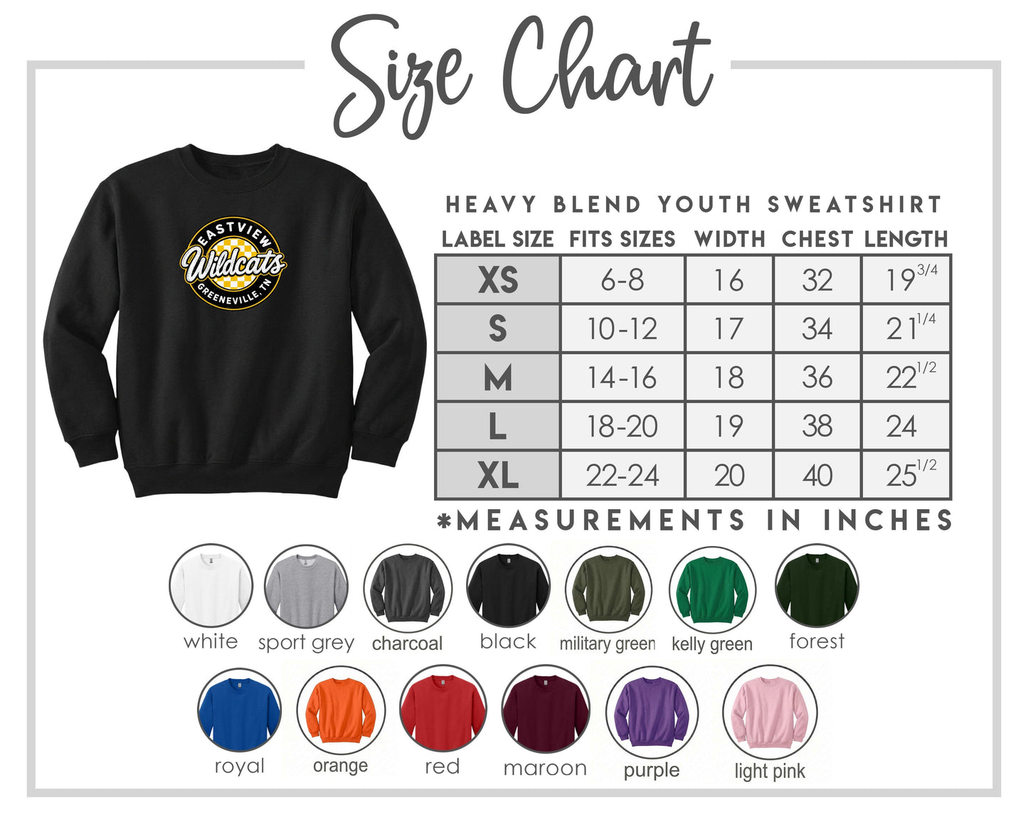 The image is a size chart for a heavy blend youth sweatshirt, including various color options and corresponding measurements in inches.