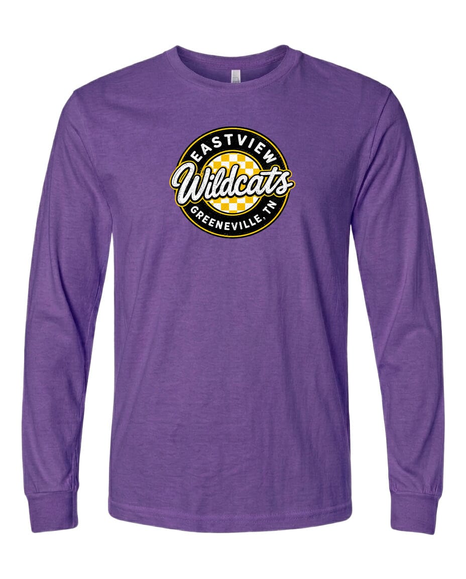 A purple long-sleeved t-shirt with a logo on it.